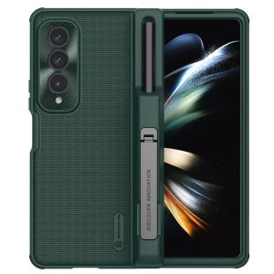Samsung Galaxy Z Fold4 5G SM-F936B, Műanyag hátlap védőtok, szilikon keret, légpárnás sarok, kitámasztó, Ceruza tartó, Nillkin Super Frosted Shield Fold, sötétzöld