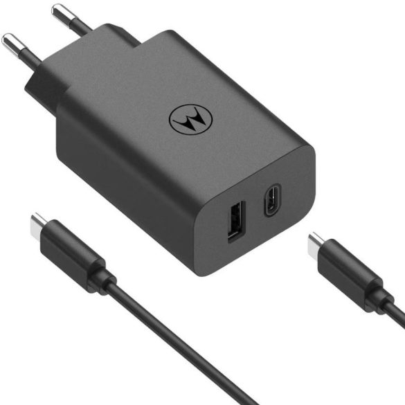 Hálózati töltő adapter, 50W, USB aljzat, USB Type-C aljzat, USB Type-C - USB Type-C kábellel, PD, gyorstöltés, Motorola TurboPower, fekete, gyári