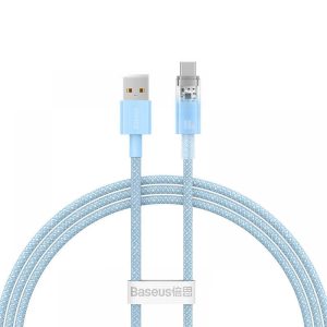 USB töltő- és adatkábel, USB Type-C, 100 cm, 6000 mA, 100W, gyorstöltés, cipőfűző minta, Baseus Explorer, CATS010403, világoskék