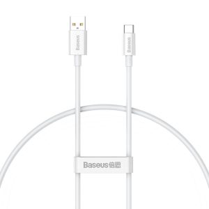 USB töltő- és adatkábel, USB Type-C, 25 cm, 6000mA, 100W, törésgátlóval, gyorstöltés, PD, QC, Baseus Superior, P10320102214-00, fehér