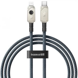 USB Type-C töltő- és adatkábel, Lightning, 100 cm, 2400 mA, 20W, gyorstöltés, cipőfűző minta, Baseus Unbrekable, P10355803221-00, sötétkék