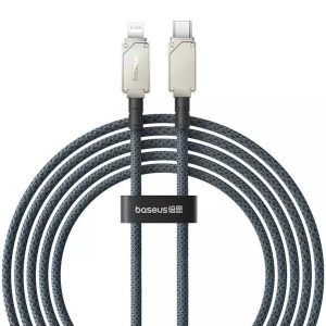 USB Type-C töltő- és adatkábel, Lightning, 200 cm, 2400 mA, 20W, gyorstöltés, cipőfűző minta, Baseus Unbrekable, P10355803221-01, sötétkék