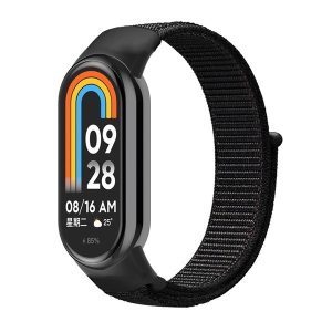 Xiaomi Mi Smart Band 8, textíl pótszíj, nylon, tépőzáras, állítható, légáteresztő, fekete