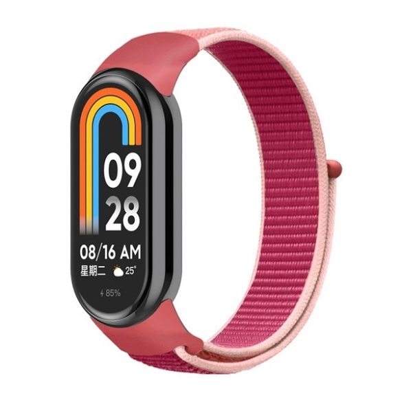 Xiaomi Mi Smart Band 8, textíl pótszíj, nylon, tépőzáras, állítható, légáteresztő, magenta/rózsaszín