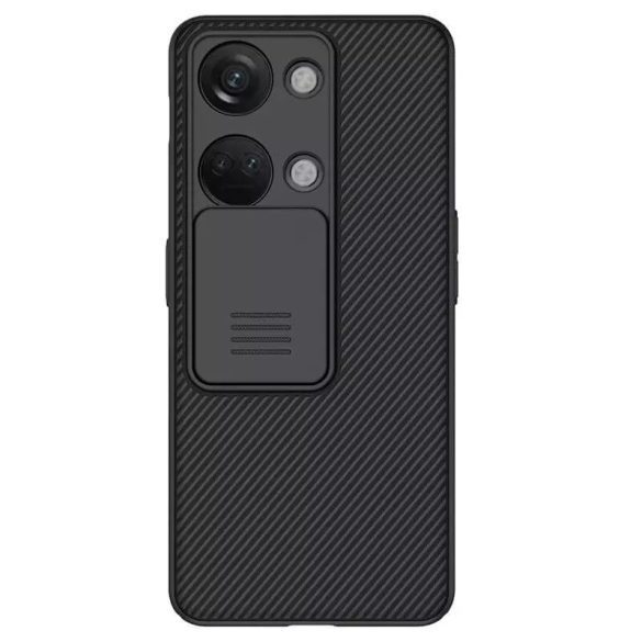 OnePlus Nord 3, Műanyag hátlap védőtok, közepesen ütésálló, kamera védelem, csíkos minta, Nillkin CamShield, fekete