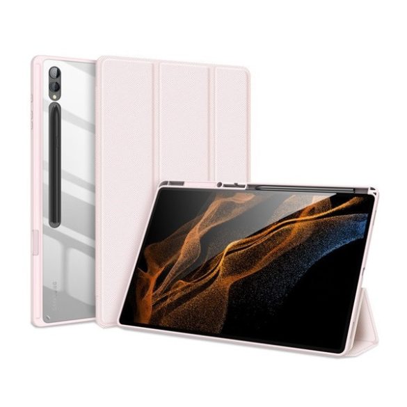 Samsung Galaxy Tab S9 Ultra 14.6 SM-X910 / X916B, mappa tok, Trifold, légpárnás sarok, közepesen ütésálló, S-Pen tartóval, átlátszó hátlap, Dux Ducis Toby, rózsaszín