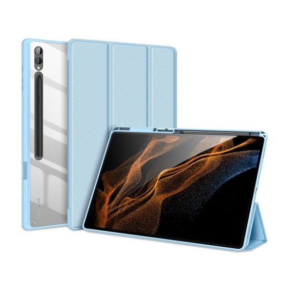 Samsung Galaxy Tab S9 Ultra 14.6 SM-X910 / X916B, mappa tok, Trifold, légpárnás sarok, közepesen ütésálló, S-Pen tartóval, átlátszó hátlap, Dux Ducis Toby, kék
