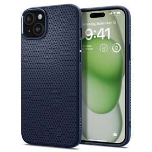 Apple iPhone 15 Plus, Szilikon tok, Spigen Liquid Air, háromszög minta, sötétkék