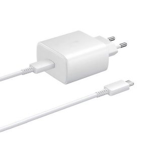 Hálózati töltő adapter, 65W, USB Type-C aljzat, USB Type-C - USB Type-C kábellel, PD, gyorstöltés, Samsung, fehér, gyári