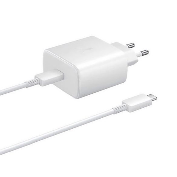 Hálózati töltő adapter, 65W, USB Type-C aljzat, USB Type-C - USB Type-C kábellel, PD, gyorstöltés, Samsung, fehér, gyári