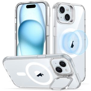 Apple iPhone 15, Szilikon tok, közepesen ütésálló, légpárnás sarok, kitámasztóval, Magsafe kompatibilis, ESR Classic Hybrid Stash Stand HaloLock, átlátszó