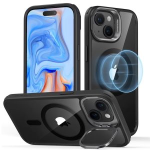 Apple iPhone 15, Szilikon tok, közepesen ütésálló, légpárnás sarok, kitámasztóval, Magsafe kompatibilis, ESR Classic Hybrid Stash Stand HaloLock, átlátszó/fekete