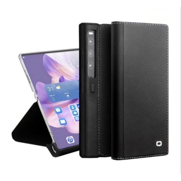 Huawei Mate Xs 2, Oldalra nyíló tok, valódi bőrtok, Qialino, fekete