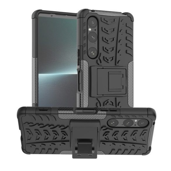 Sony Xperia 1 V, Műanyag hátlap védőtok, Defender, kitámasztóval és szilikon belsővel, autógumi minta, fekete