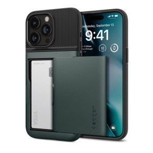 Apple iPhone 15 Pro, Szilikon tok, műanyag hátlappal, Spigen Slim Armor CS, sötétzöld