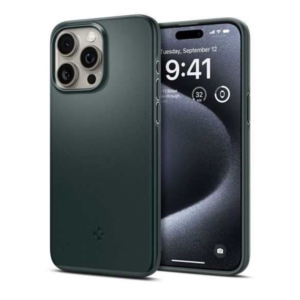 Apple iPhone 15 Pro Max, Műanyag hátlap védőtok, Spigen Thin Fit, sötétzöld