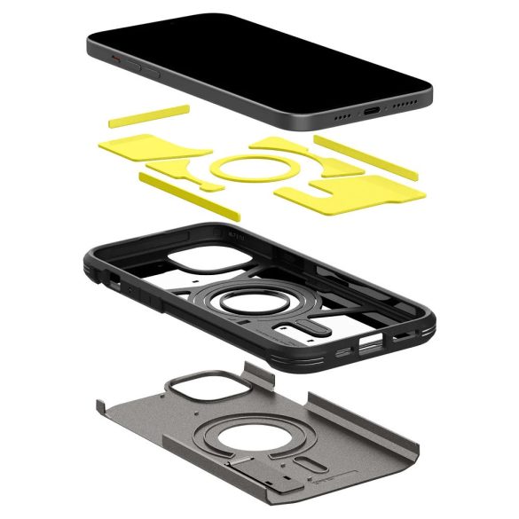 Apple iPhone 15 Pro Max, Szilikon tok + műanyag hátlap, Magsafe töltővel kompatibilis, kitámasztóval, Spigen Tough Armor Mag, sötétkék