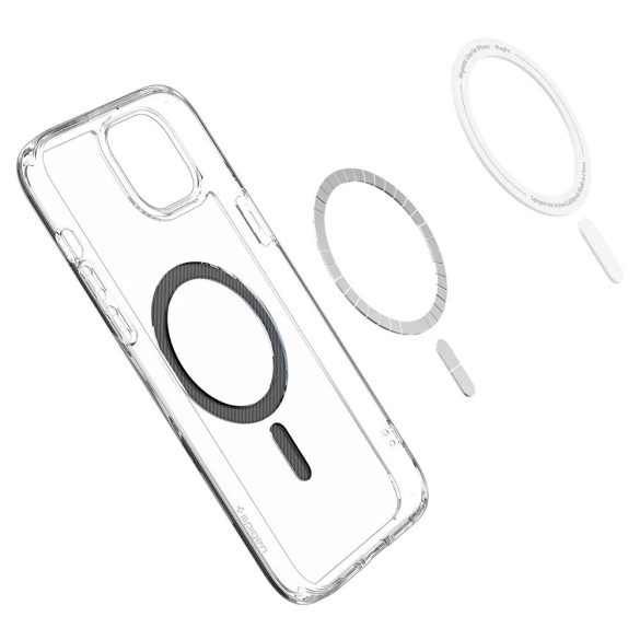 Apple iPhone 15 Plus, Műanyag hátlap védőtok + szilikon keret, Magsafe töltővel kompatibilis, karbon minta, Spigen Ultra Hybrid Mag, átlátszó/mintás