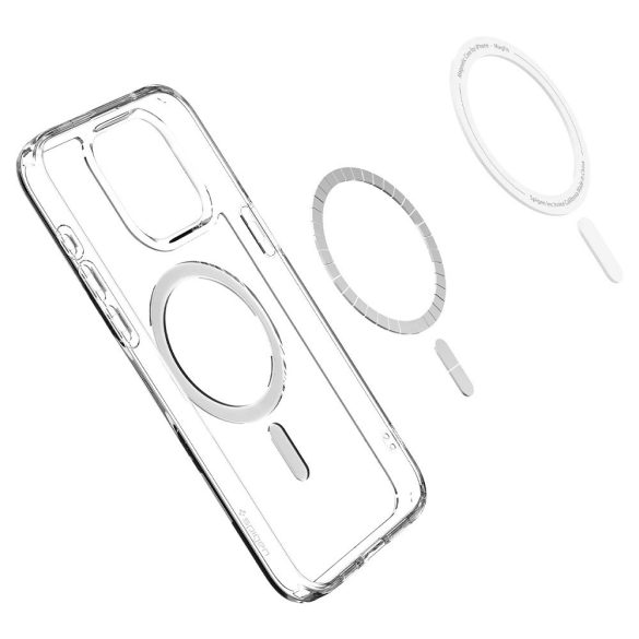 Apple iPhone 15 Plus, Műanyag hátlap védőtok + szilikon keret, Magsafe töltővel kompatibilis, Spigen Ultra Hybrid Mag, átlátszó/szürke