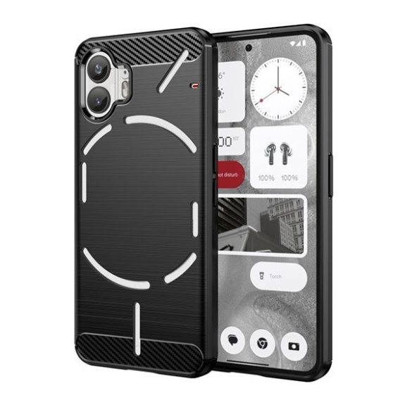 Nothing Phone 2, Szilikon tok, közepesen ütésálló, szálcsiszolt, karbon minta, fekete