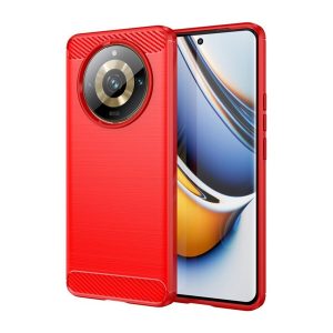 Realme 11 Pro / 11 Pro Plus, Szilikon tok, közepesen ütésálló, szálcsiszolt, karbon minta, piros