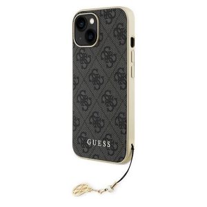 Apple iPhone 15 Plus, Műanyag hátlap védőtok, telefondísszel, Guess minta, Guess 4G Charms, szürke