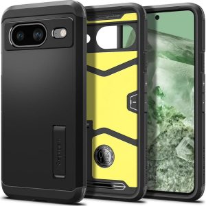 Google Pixel 8, Szilikon tok + műanyag hátlap, kitámasztóval, Spigen Tough Armor, fekete