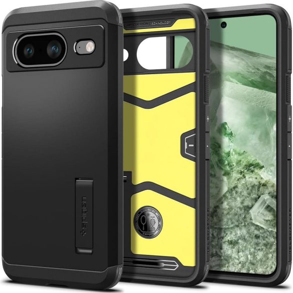 Google Pixel 8, Szilikon tok + műanyag hátlap, kitámasztóval, Spigen Tough Armor, fekete