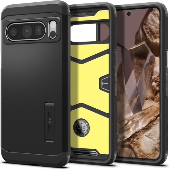 Google Pixel 8 Pro, Szilikon tok + műanyag hátlap, kitámasztóval, Spigen Tough Armor, fekete
