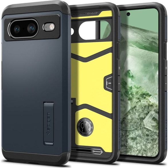 Google Pixel 8, Szilikon tok + műanyag hátlap, kitámasztóval, Spigen Tough Armor, sötétkék