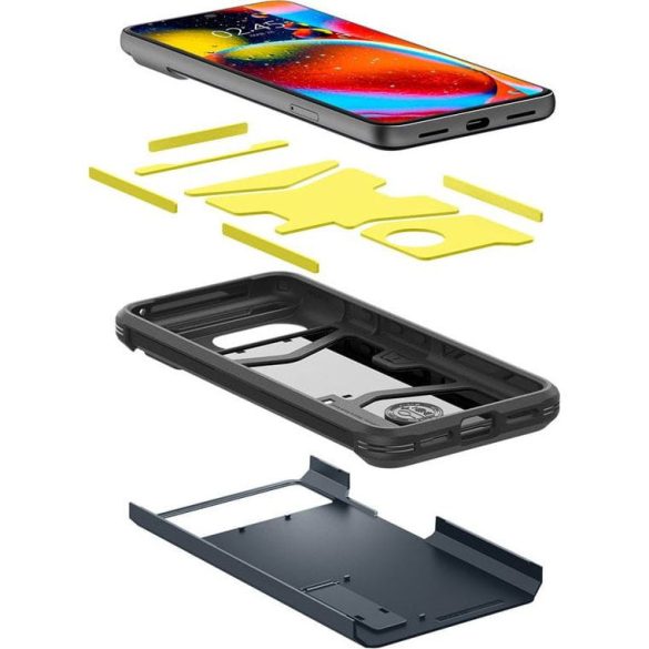 Google Pixel 8, Szilikon tok + műanyag hátlap, kitámasztóval, Spigen Tough Armor, sötétkék