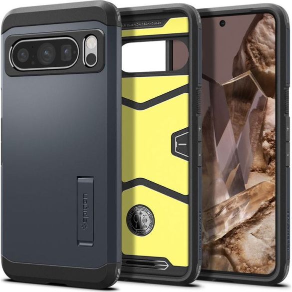Google Pixel 8 Pro, Szilikon tok + műanyag hátlap, kitámasztóval, Spigen Tough Armor, sötétkék