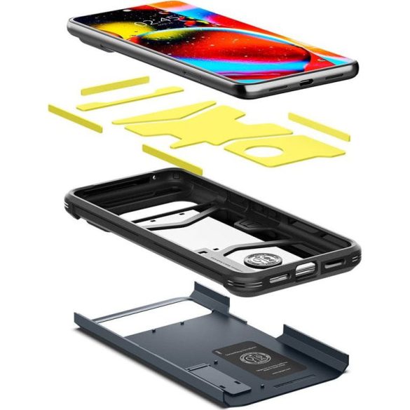 Google Pixel 8 Pro, Szilikon tok + műanyag hátlap, kitámasztóval, Spigen Tough Armor, sötétkék