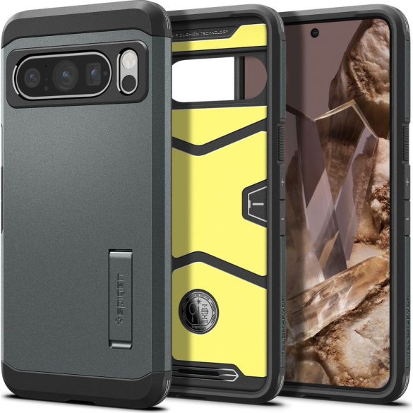 Google Pixel 8 Pro, Szilikon tok + műanyag hátlap, kitámasztóval, Spigen Tough Armor, sötétzöld
