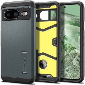 Google Pixel 8, Szilikon tok + műanyag hátlap, kitámasztóval, Spigen Tough Armor, sötétzöld