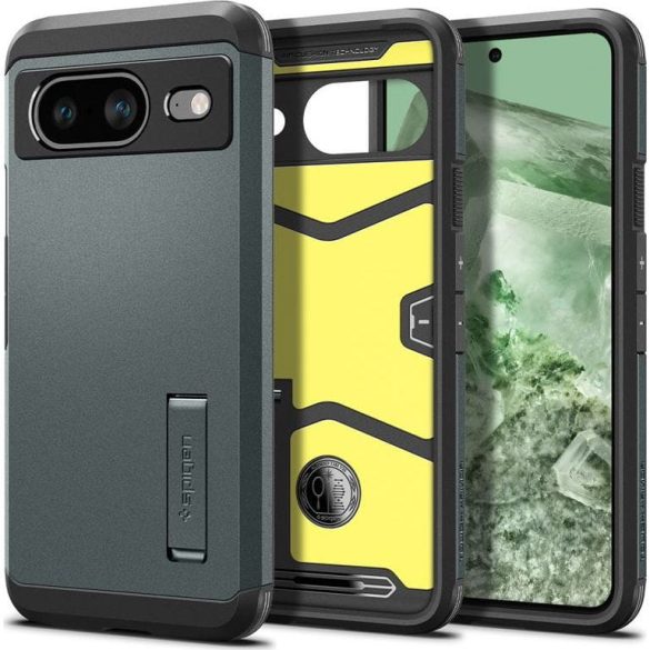 Google Pixel 8, Szilikon tok + műanyag hátlap, kitámasztóval, Spigen Tough Armor, sötétzöld