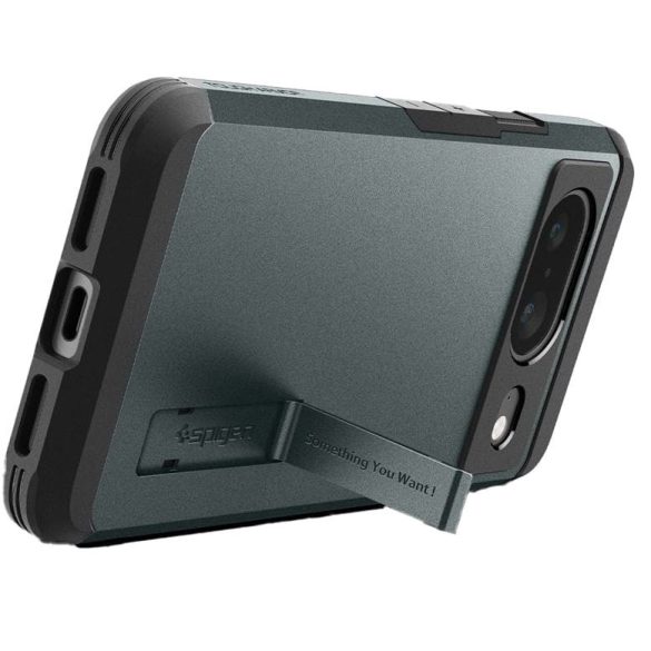 Google Pixel 8, Szilikon tok + műanyag hátlap, kitámasztóval, Spigen Tough Armor, sötétzöld