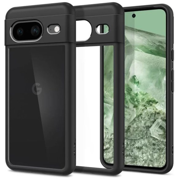 Google Pixel 8, Műanyag hátlap védőtok + szilikon keret, Spigen Ultra Hybrid, átlátszó/fekete