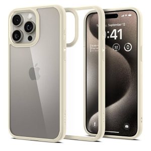 Apple iPhone 15 Pro, Műanyag hátlap védőtok + szilikon keret, Spigen Ultra Hybrid, átlátszó/homok-beige