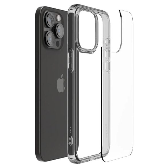 Apple iPhone 15 Pro Max, Műanyag hátlap védőtok + szilikon keret, Spigen Ultra Hybrid, átlátszó/homok-beige