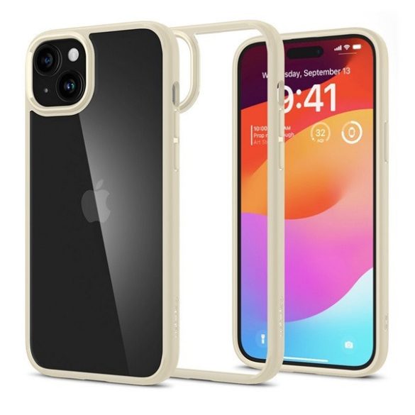 Apple iPhone 15, Műanyag hátlap védőtok + szilikon keret, Spigen Ultra Hybrid, átlátszó/homok-beige