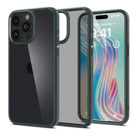 Apple iPhone 15 Pro, Műanyag hátlap védőtok + szilikon keret, Spigen Ultra Hybrid Matte, áttetsző/sötétzöld