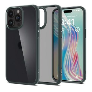 Apple iPhone 15 Pro Max, Műanyag hátlap védőtok + szilikon keret, Spigen Ultra Hybrid Matte, áttetsző/sötétzöld