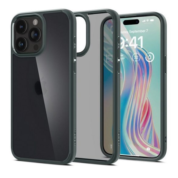 Apple iPhone 15 Pro Max, Műanyag hátlap védőtok + szilikon keret, Spigen Ultra Hybrid Matte, áttetsző/sötétzöld