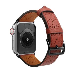 Apple Watch 4-6, SE, SE (2022) (38 / 40 mm) / Watch 7-9 (41 mm) / Watch 10 (42 mm), valódi bőr pótszíj, állítható, lyukacsos, bordó