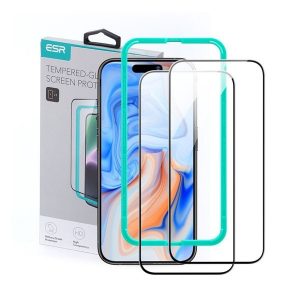 Apple iPhone 15 Plus, Kijelzővédő fólia, ütésálló fólia (az íves részre is!), Tempered Glass (edzett üveg), segéd kerettel, ESR, fekete, 2 db / csomag