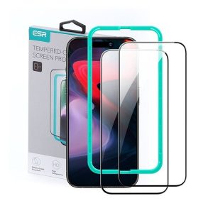 Apple iPhone 15 Pro, Kijelzővédő fólia, ütésálló fólia (az íves részre is!), Tempered Glass (edzett üveg), segéd kerettel, ESR, fekete, 2 db / csomag