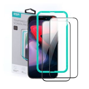 Apple iPhone 15 Pro Max, Kijelzővédő fólia, ütésálló fólia (az íves részre is!), Tempered Glass (edzett üveg), segéd kerettel, ESR, fekete, 2 db / csomag