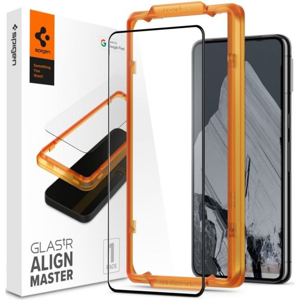 Google Pixel 8 Pro, Kijelzővédő fólia, ütésálló fólia (az íves részre is!), Tempered Glass (edzett üveg), Full Cover, Spigen Glastr Alignmaster, fekete