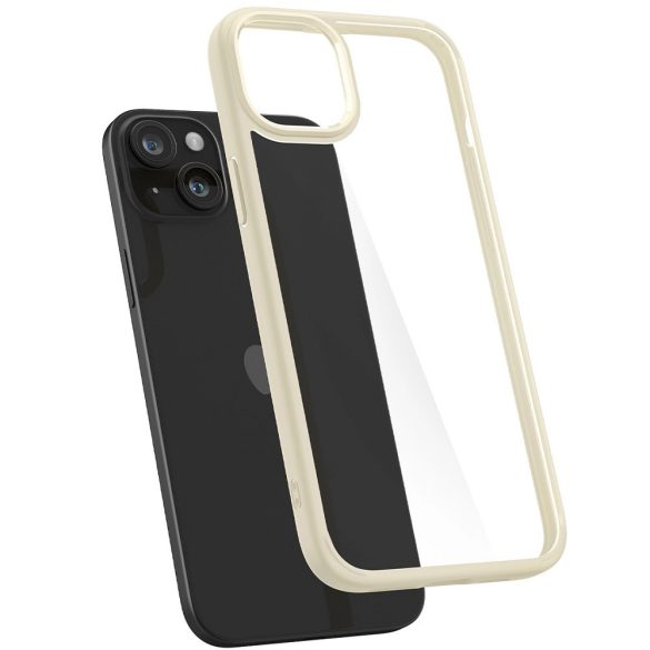 Apple iPhone 15 Plus, Szilikon tok + műanyag keret, közepesen ütésálló, Spigen Crystal Hybrid, átlátszó/homok-beige